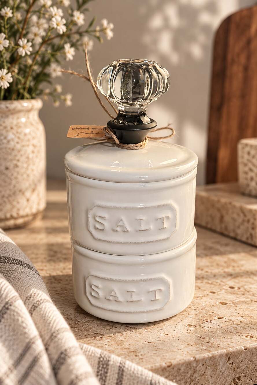 Mud Pie Door Knob Salt Cellar Set White Stoneware Stackable Pinch Pots